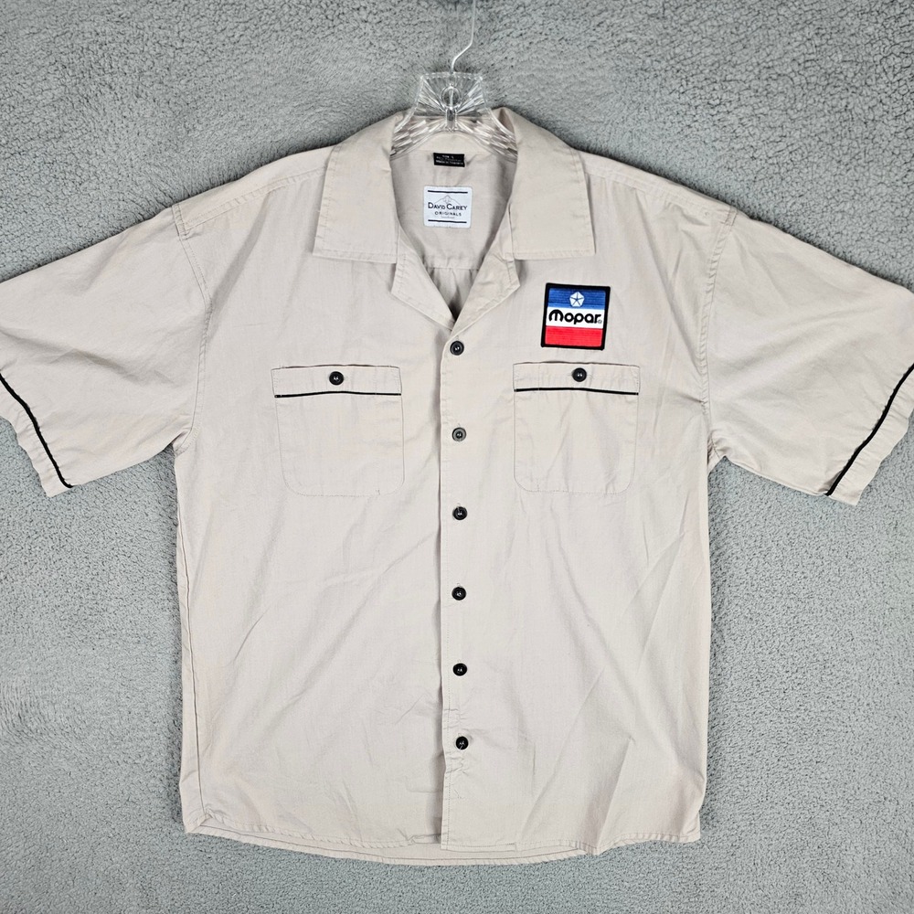 David Carey Button Up Men L Tan Mopar Patch Work Shirt Short Sleeve Mechanic